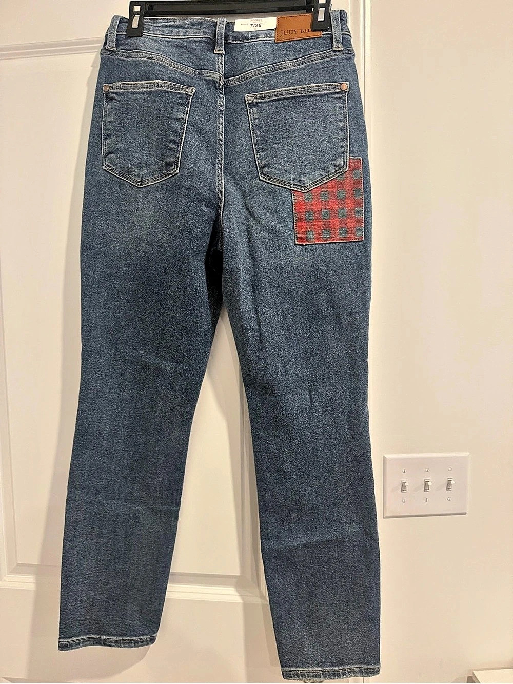 Judy Blue High Waist Plaid Patch Slim Denim Jeans Blue & Red Size 7
